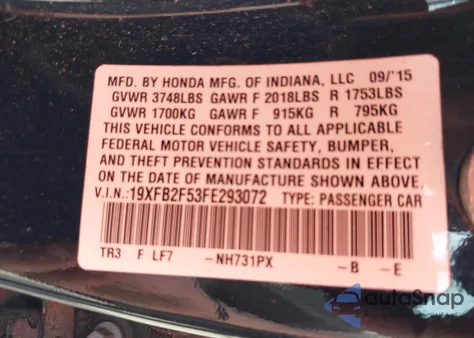 2015 Honda Civic Lx z USA, uszkodzony, nr VIN 19XFB2F53FE293072